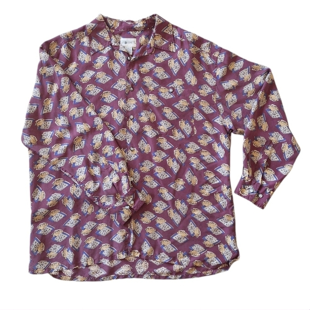 Vintage J.T. Beckett Mens Silk Purple Casual Button Up Going Out Party Disco  L